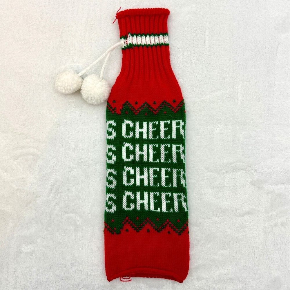 Holiday Wine Bottle Cover Knitted Cheer 14" High Red Green White w/Tassels